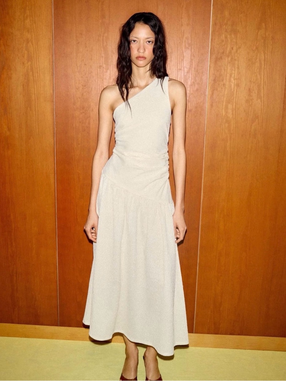 Zara Asymmetric One-Shoulder Cream Midi Dress